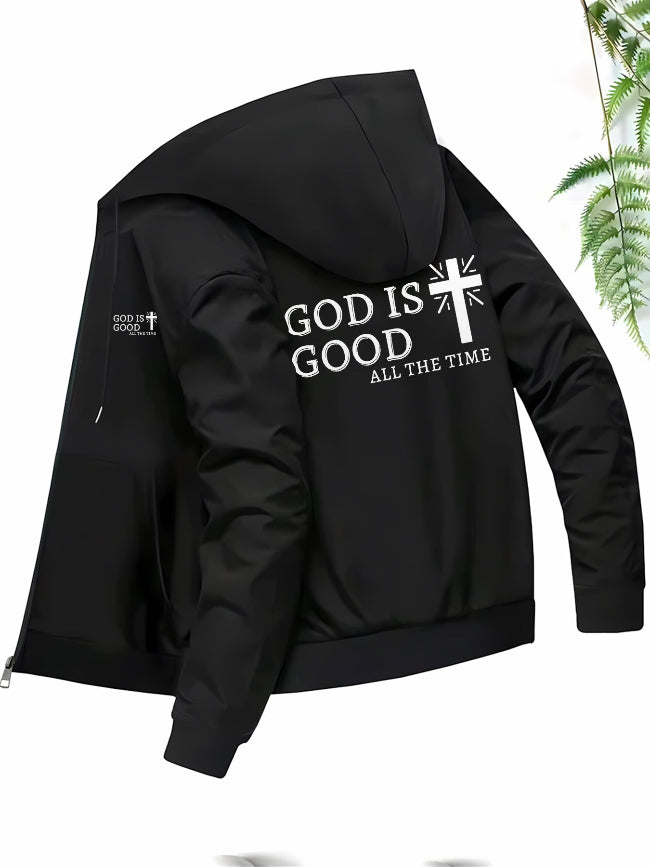 Black hoodie with 'God is Good All the Time' text and cross design on the front and back