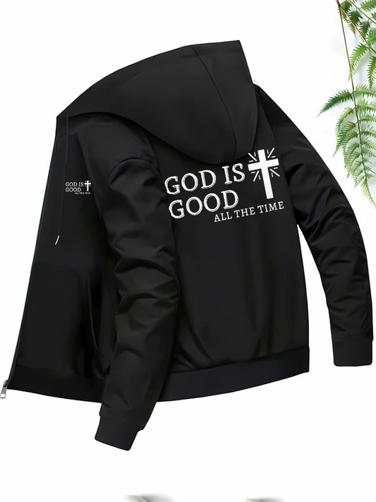 Black hoodie with 'God is Good All the Time' text and cross design on the front and back