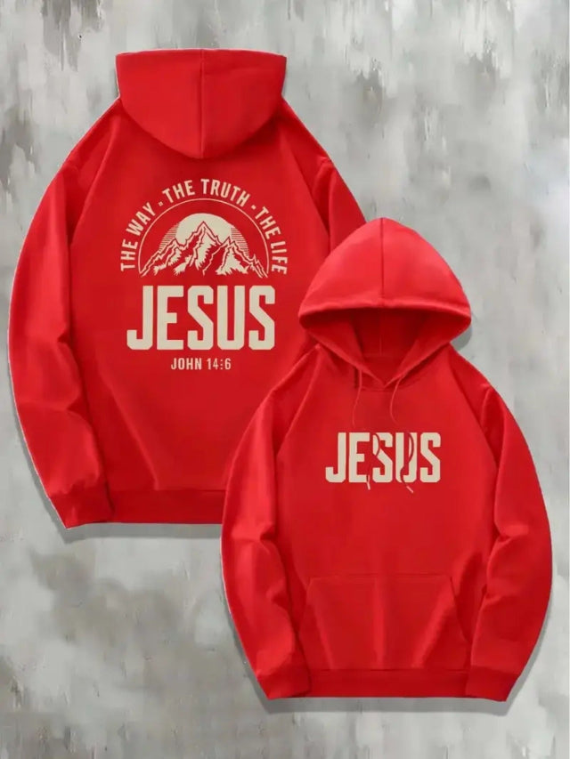 Red hoodie with 'Jesus' text and mountain graphic 