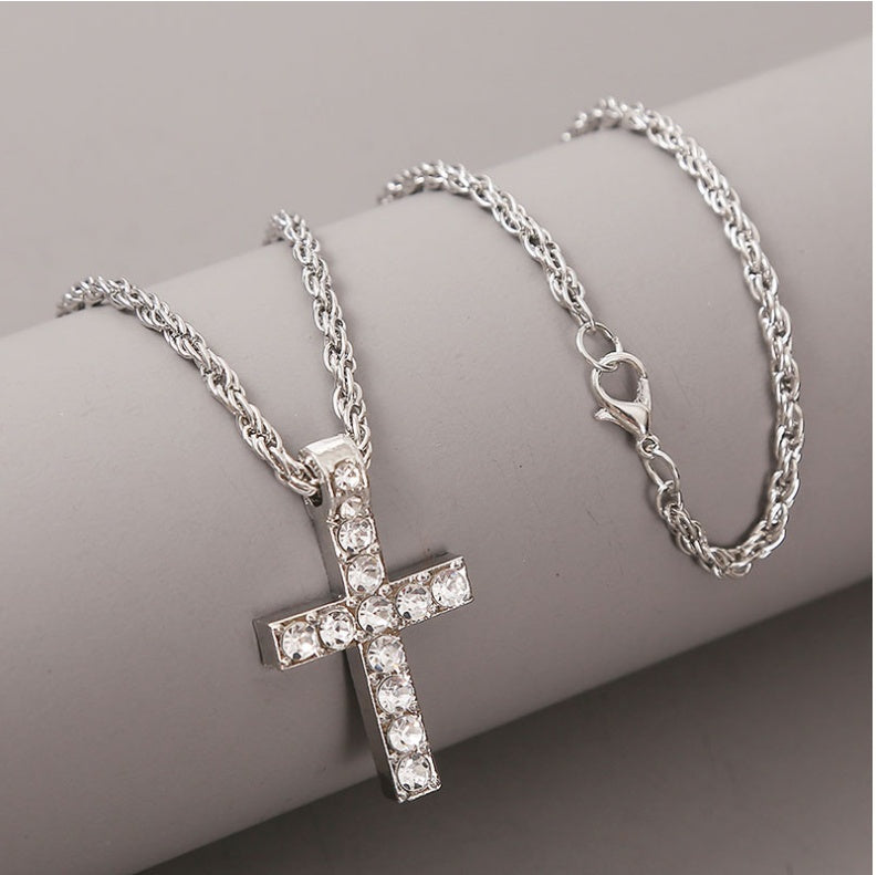 Unisex Silver Rhinestone Cross Pendant Necklaces