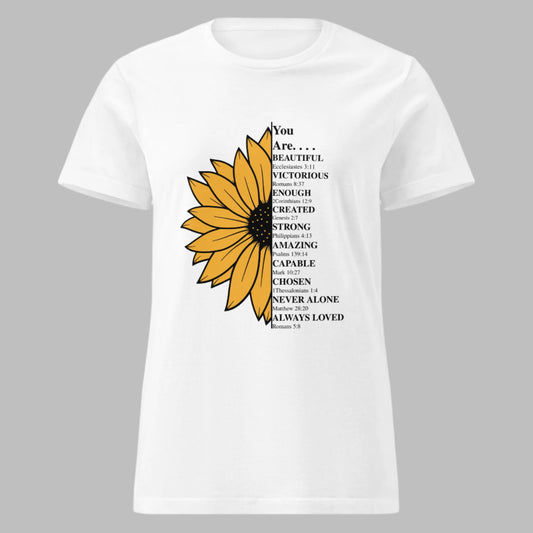 White t-shirt with a sunflower graphic and motivational text on a white background