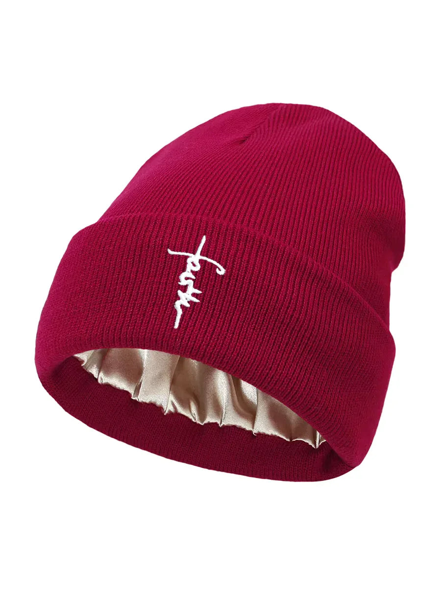 Embroidered Satin Lined Anti-Static Knit Faith Beanie - God Cloth