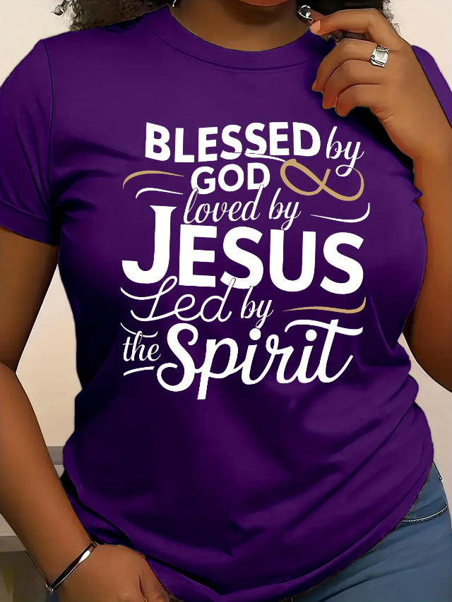 Purple t-shirt with text 'Blessed by God, loved by Jesus, led by the Spirit' 