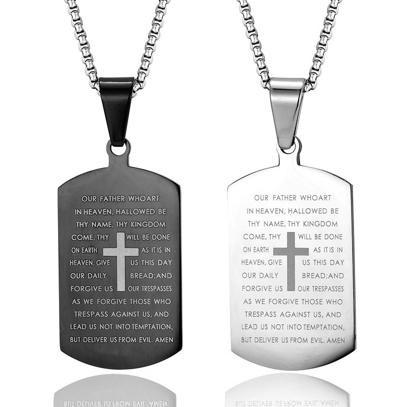 Stainless Steel Tag Cross and Scripture Pendant Necklace