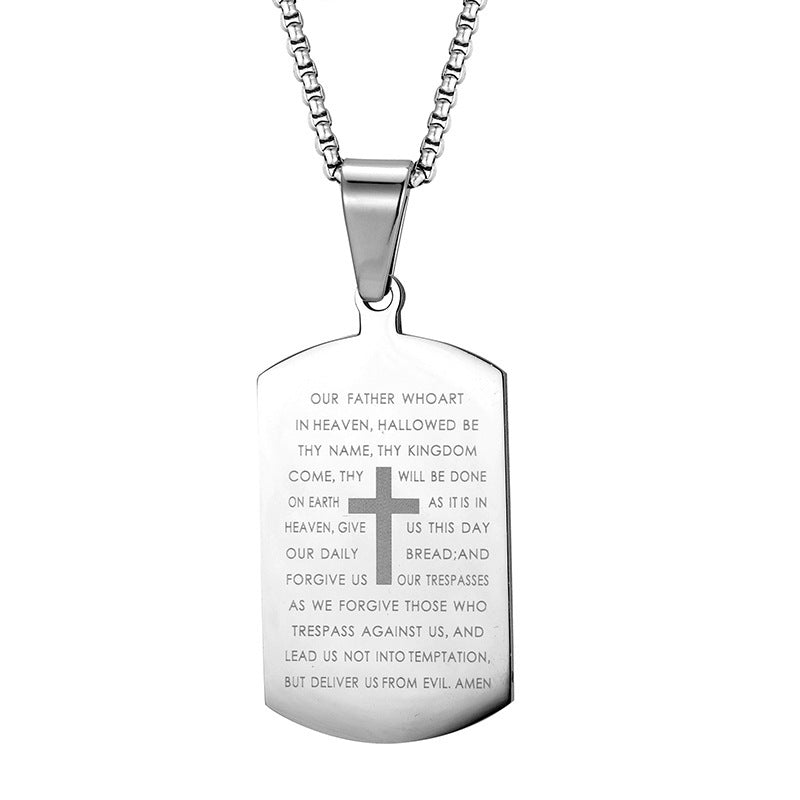 Stainless Steel Tag Cross and Scripture Pendant Necklace