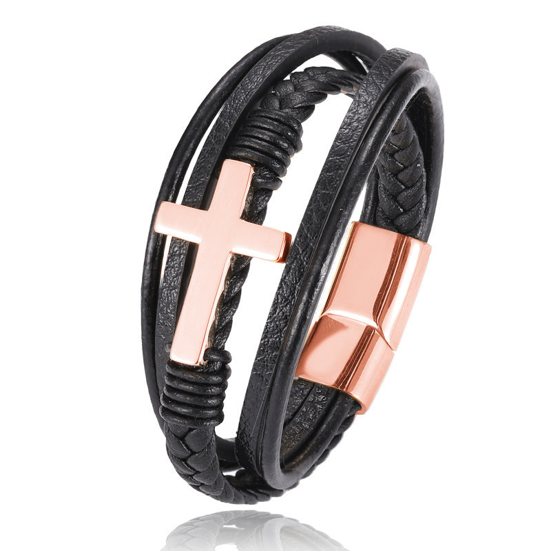 Multilayer Black Braided Leather Cross Bracelet