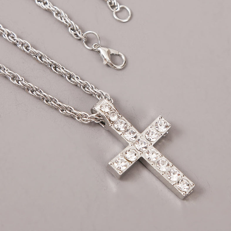 Unisex Silver Rhinestone Cross Pendant Necklaces