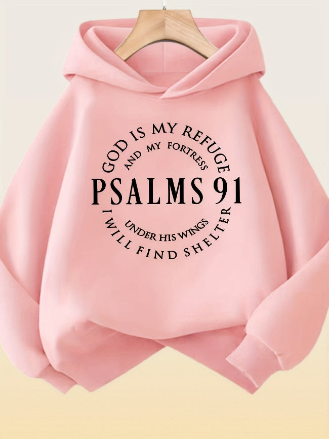 Pink hoodie with religious text on it